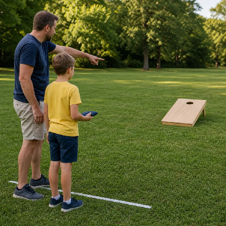 Rodič s dítětem společně hrají venkovní hru Cornhole